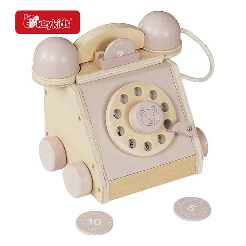 Montessori Interactive Pretend Play Wooden Pink Retro Telephone Toy with Rolling Wheels W10L095